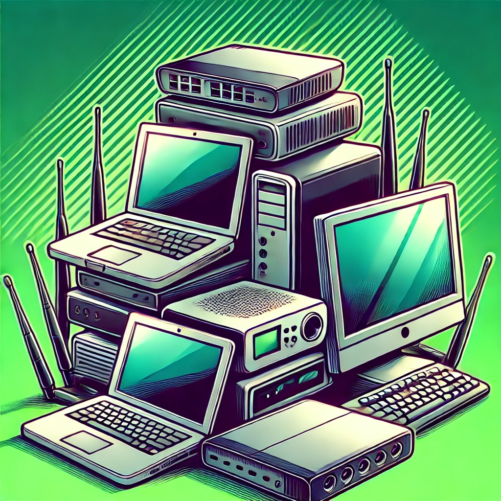 a bunch of computers and electronic technology stacked in a pile with a green background