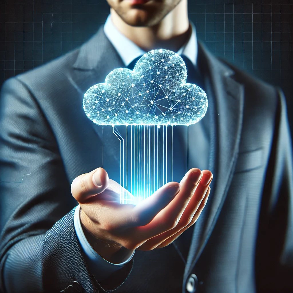 a businessman holding a digital cloud