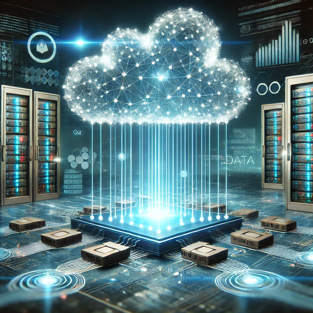 a 3d grid of light forming a cloud above a circuit board surrounded by microchips