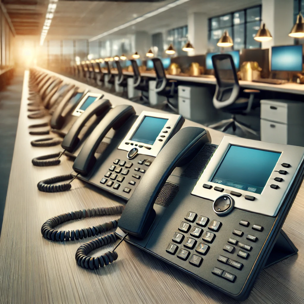 a long row of desk phones lined up