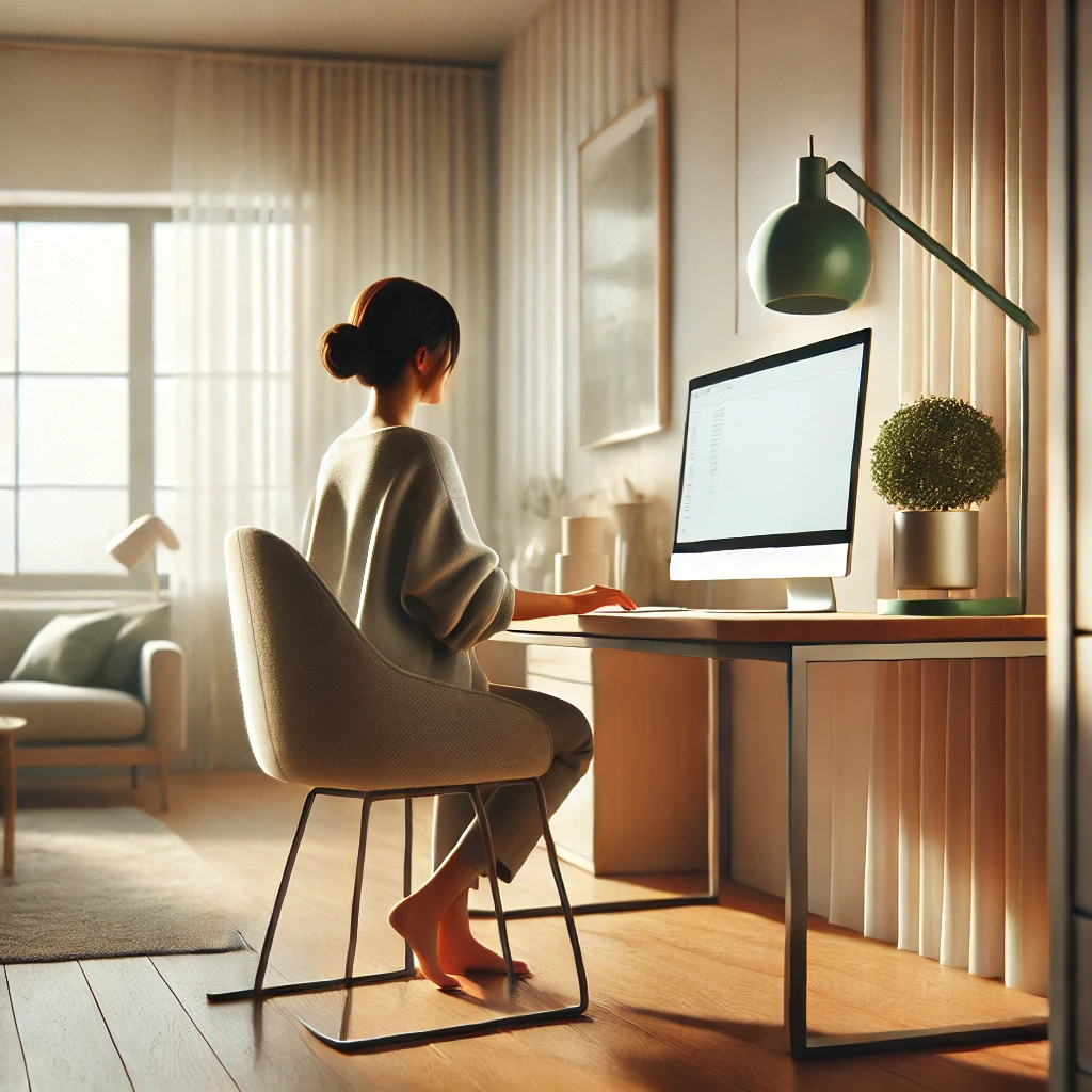 a woman working at a desk on a computer in a clean home or clinic setting