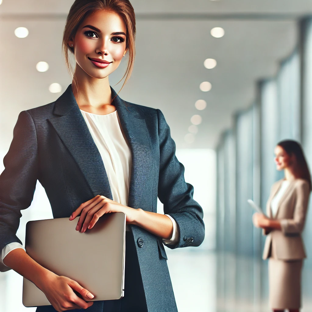 a woman in a suit holding a laptop