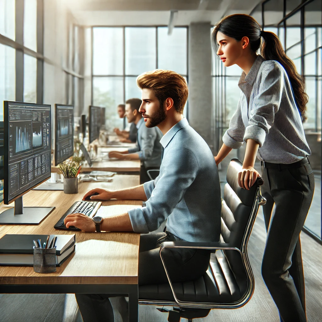 a woman looking on as a man operates a computer in a business setting