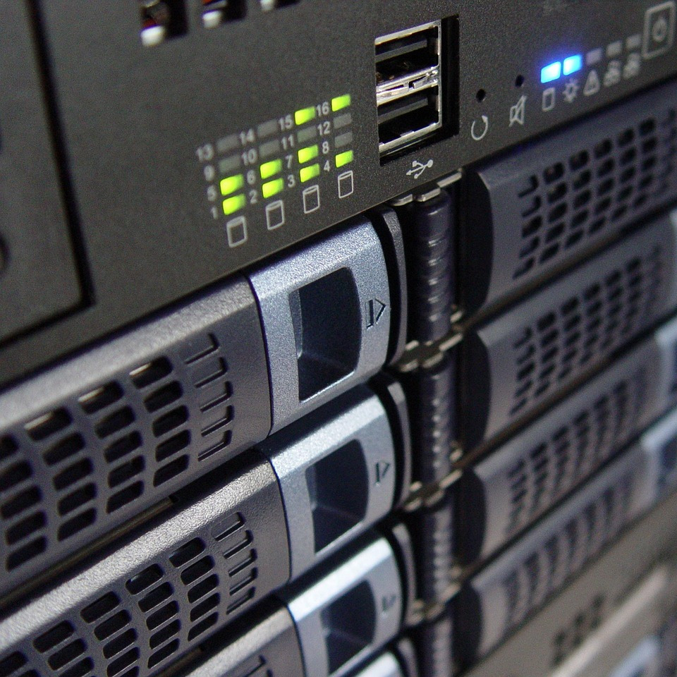 close-up of hard disk caddys on a server