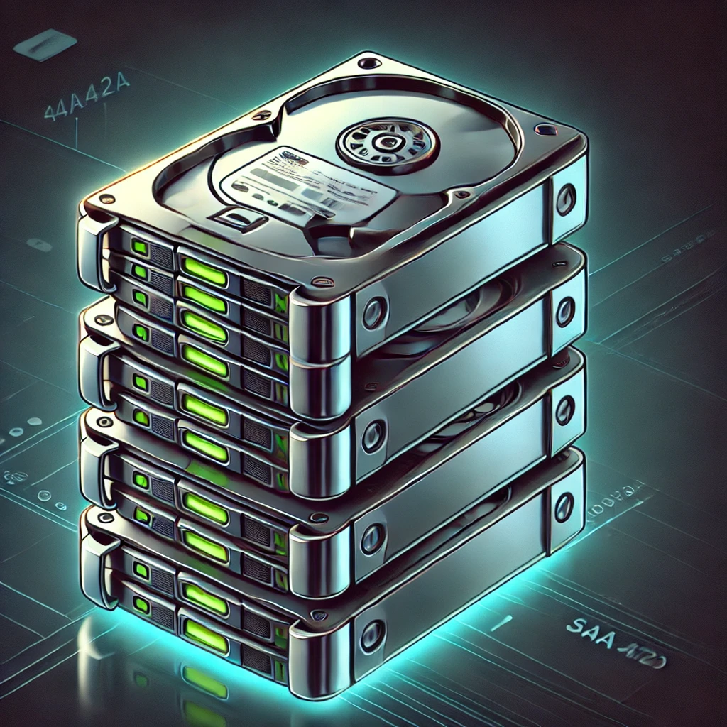 a stack of hard drives with a green glow