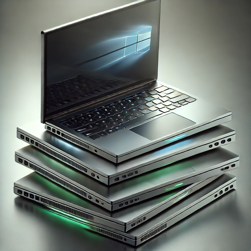 a stack of laptops with the top one open displaying the Windows wallpaper