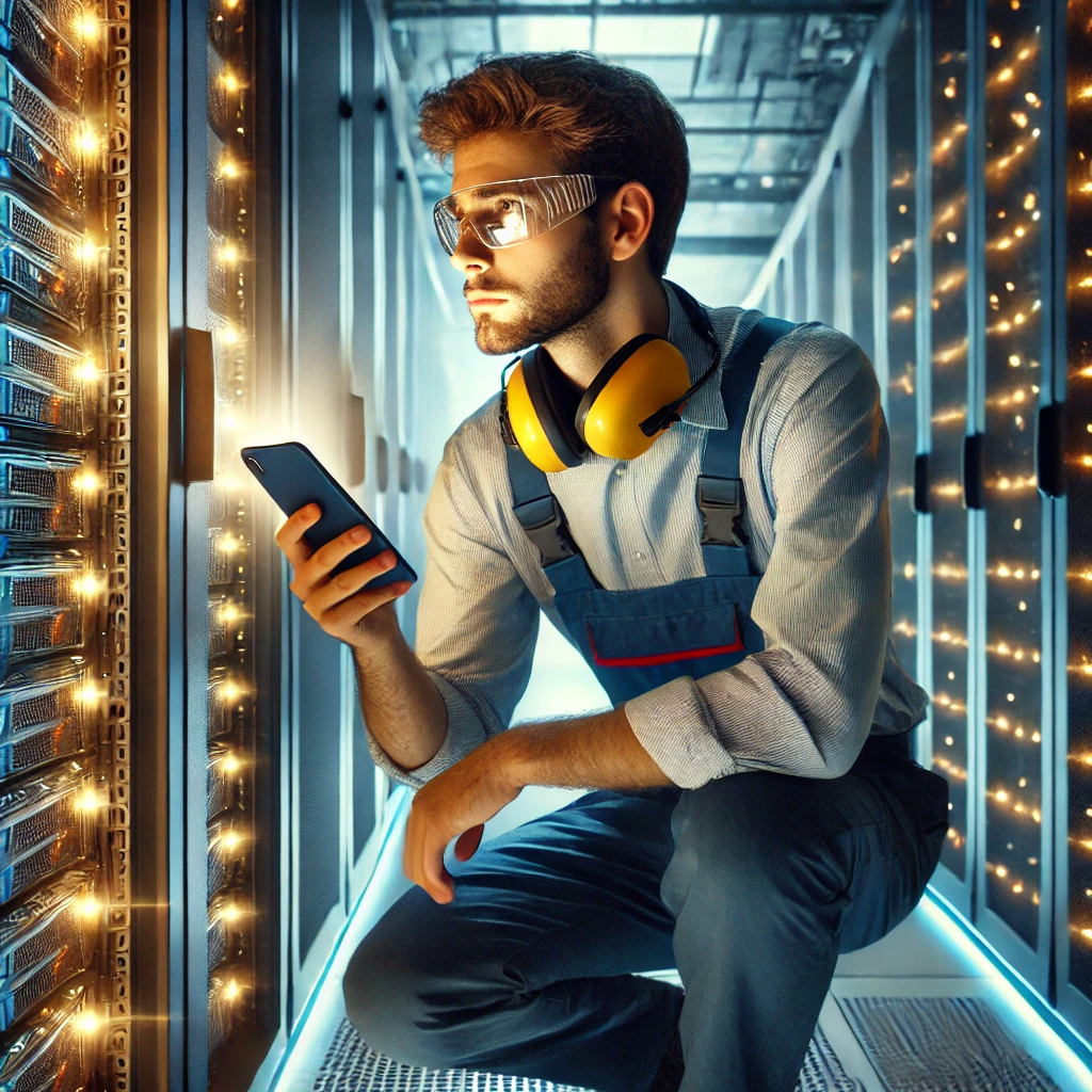 an engineer working in a datacentr while looking at his phone while wearing goggles and earmuffs around his neck