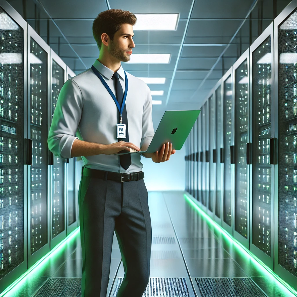 a computer engineer in a datacentre working on a laptop with an access badge around his neck