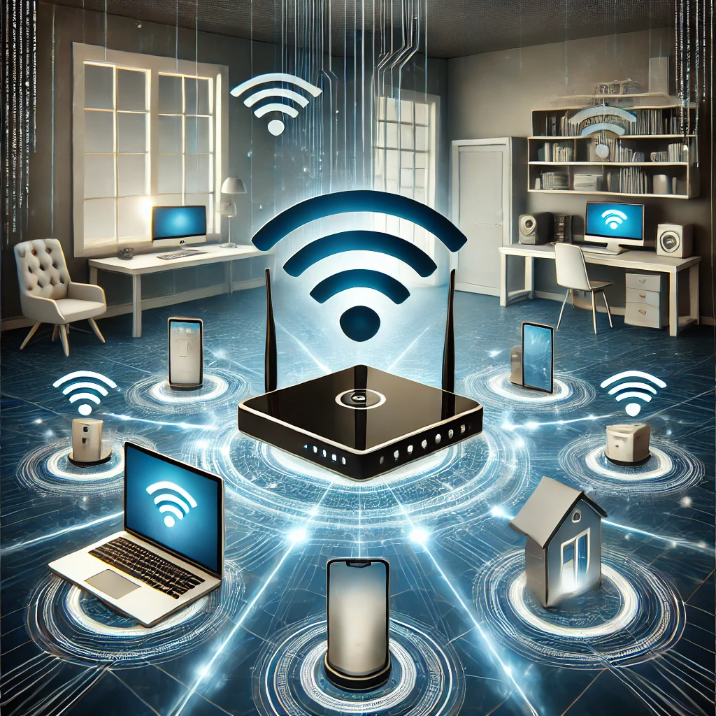 a 3D rendering of various network devices connected wirelessly to a router