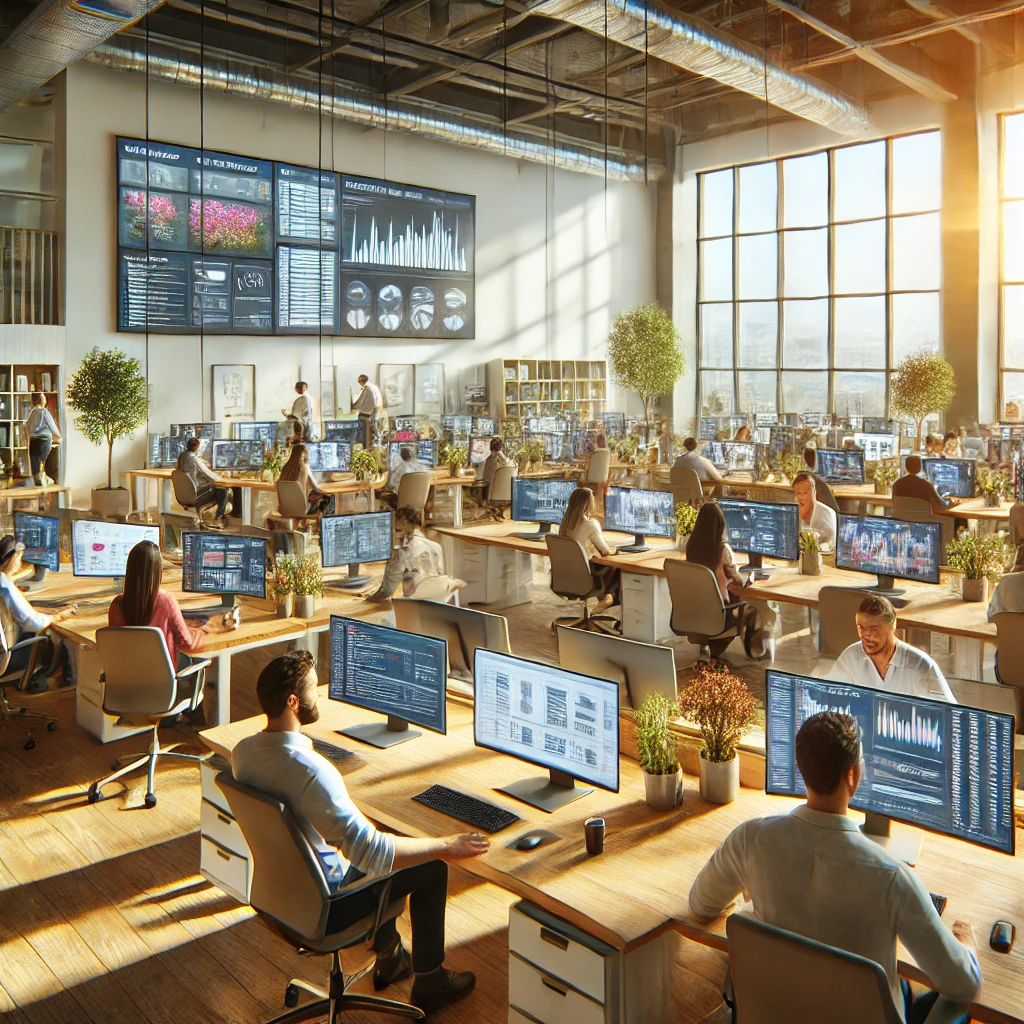 an office full of workers working on computers, sun is streaming in