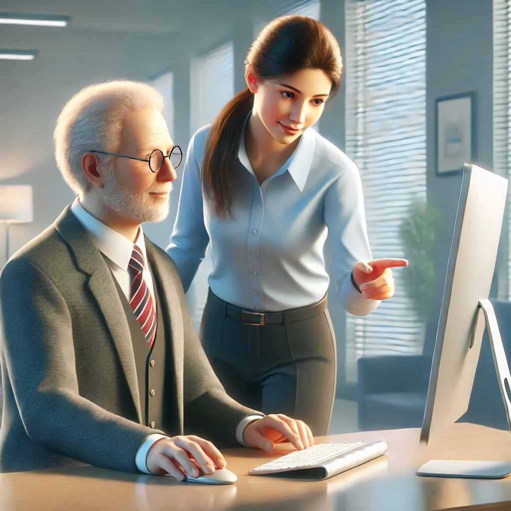 a woman in a business setting helping an older gentleman in a suit with his computer